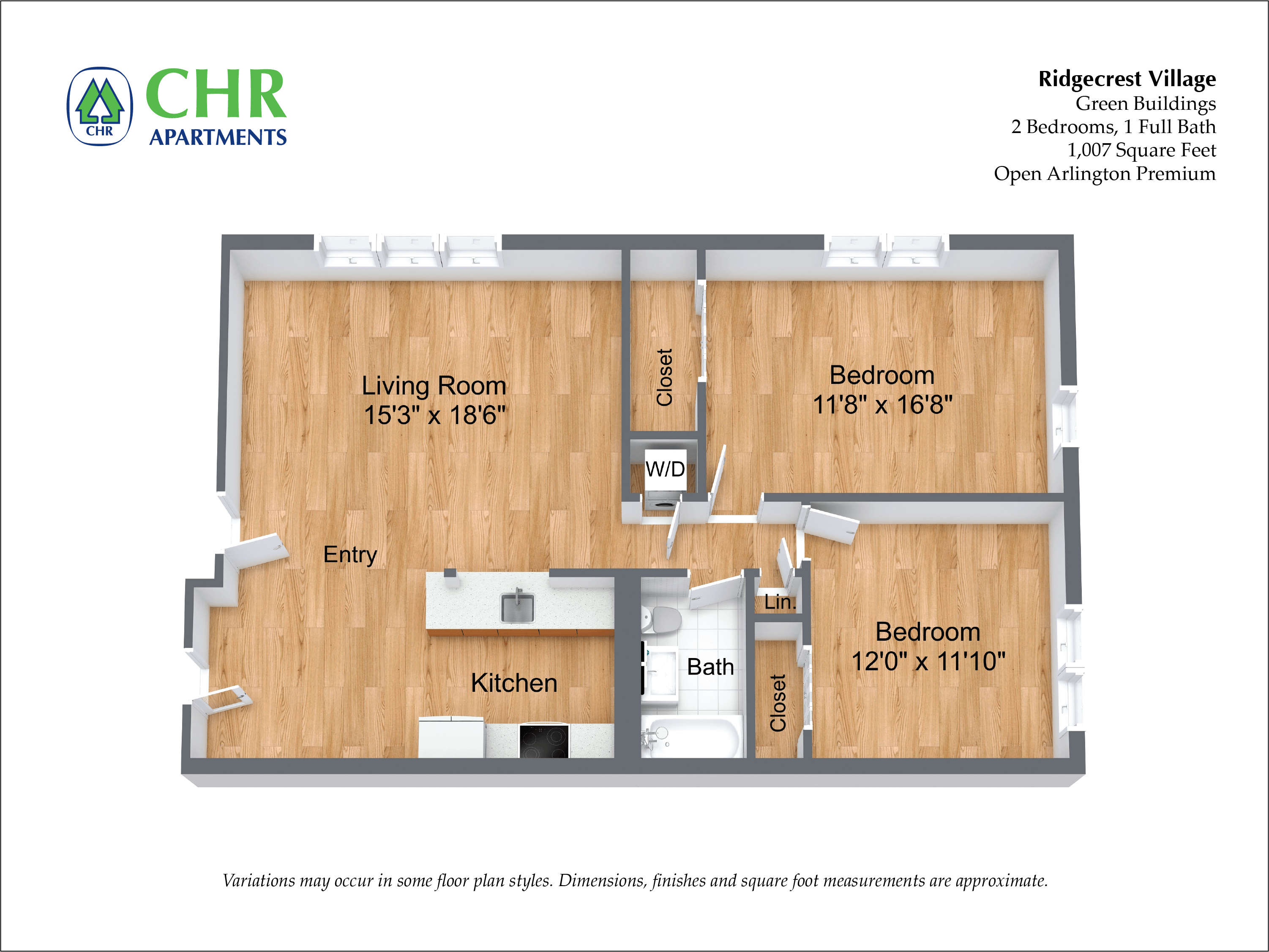 Floor plan for 2 beds, 1 bath, 1007 sqft
